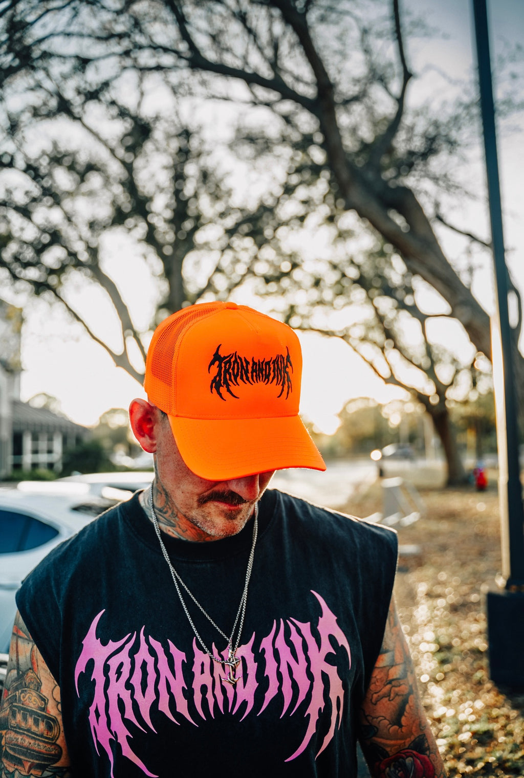 metal font blaze Orange trucker hat